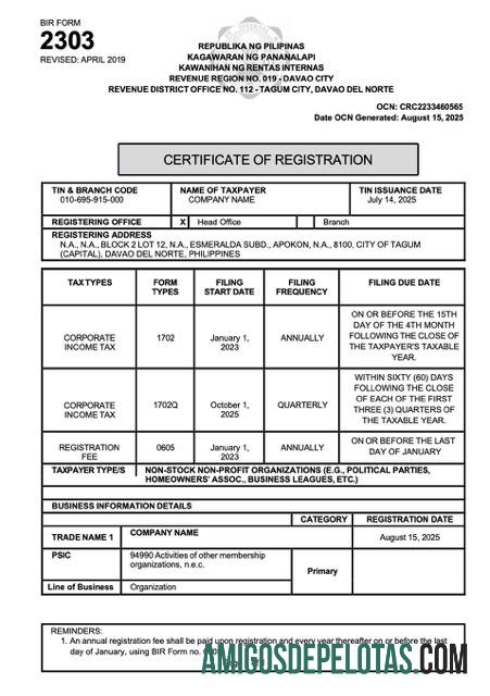 Certificado de registro das Filipinas para impressão, modelo Word e PDF